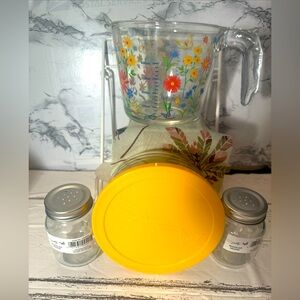 Floral Glass Measuring 2/Cup with Glass container Yellow Lid & Salt & Pepper